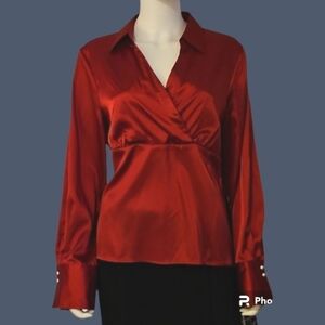 VTG I.N. STUDIO Red Satin Pearl Button Surplice Peplum Holiday Blouse Large